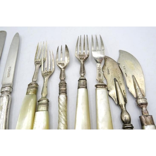 328 - An assortment of mainly silver fruit knives & forks with mother of pearl handles, a Chinese knife wi... 