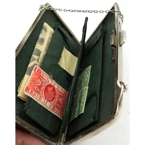 333 - A silver rectangular purse on a chain, Birmingham 1912, monogrammed, with green silk liner. Approx 5... 