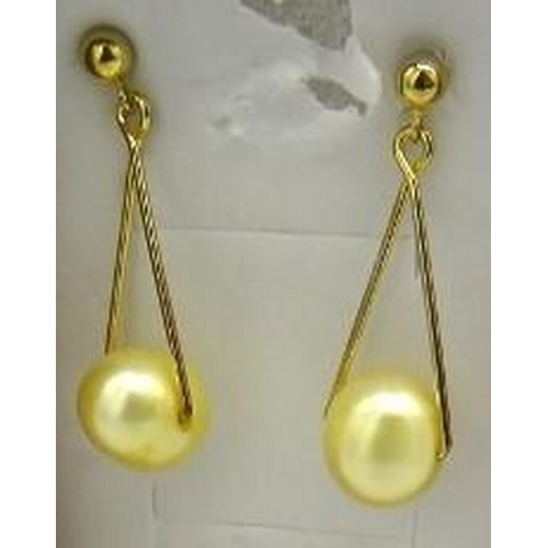 342 - Freshwater pearl earrings. Post back. 32mm length. 14K yellow gold over sterling silver, stamped 925... 