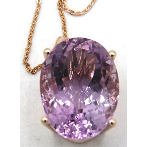 348 - Large pink Amethyst pendant.  20 x 15mm oval faceted solitaire of good colour, clarity & cut, 20” in... 