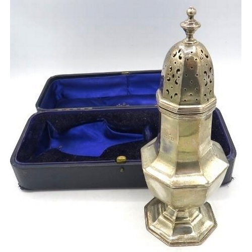 368 - A large silver sugar caster, Chester 1932, boxed. Approx 8