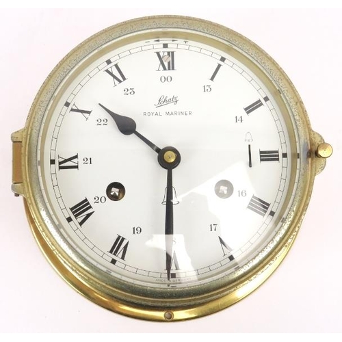 37 - A Schatz Royal Mariner 8-day ship’s bulkhead clock. Brass case with black and white enamelled dial. ... 