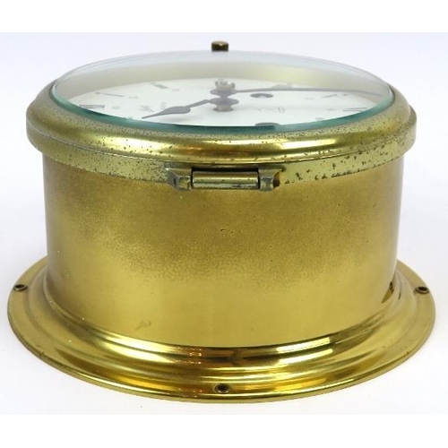 37 - A Schatz Royal Mariner 8-day ship’s bulkhead clock. Brass case with black and white enamelled dial. ... 