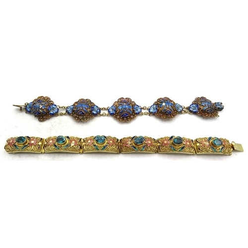 371 - A fine Chinese silver gilt filigree bracelet with enamelled flowers and leaves. Each panel set with ... 