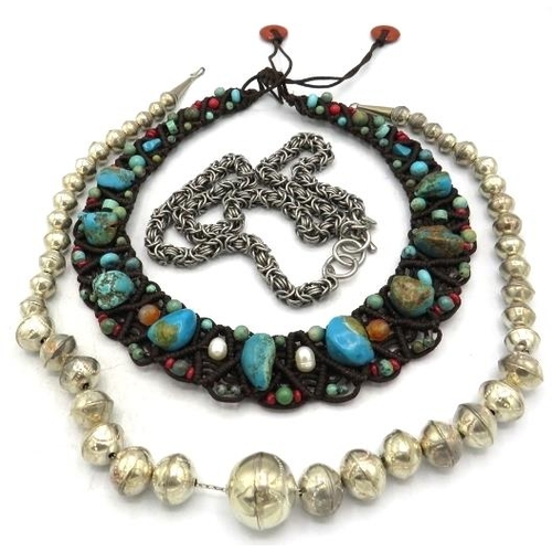 372 - A fine worked Tibetan turquoise, pearl and mixed semi-precious stone necklace, boxed. Approx weight ... 