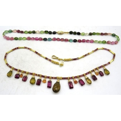 382 - A gold vermeil on silver amethyst & citrine fringe necklace and a pink, green & blue tourmaline 'cof... 