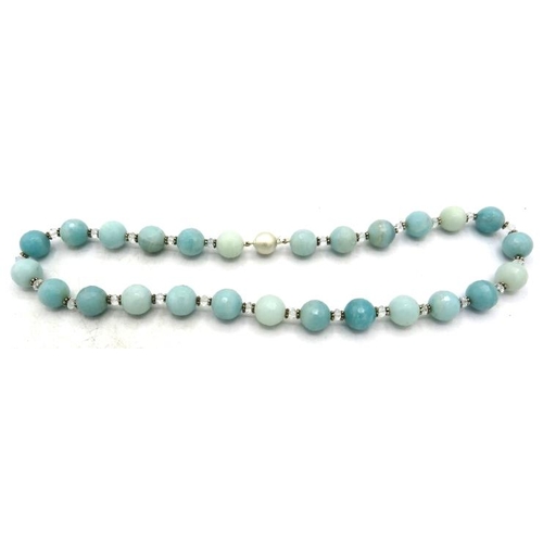 384 - A blue Peruvian opal necklace with aquamarine & white metal spacers and silver ball clasp, approx 18... 