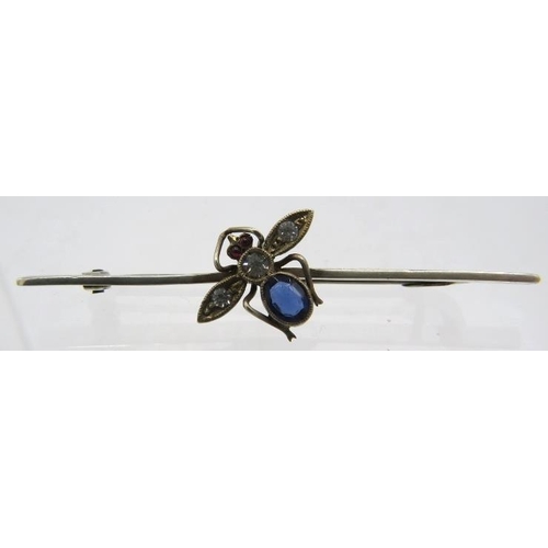 397 - An attractive silver bar brooch marked 925, set with a bee. It's body made up of blue, white & red c... 