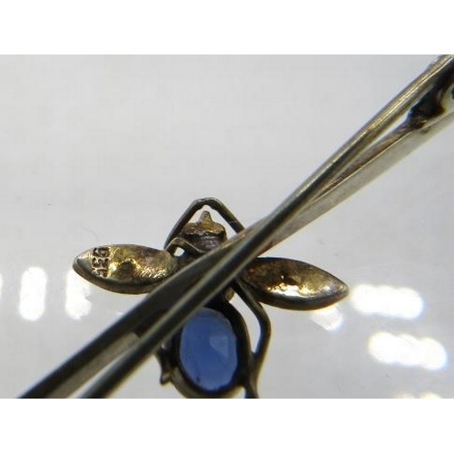 397 - An attractive silver bar brooch marked 925, set with a bee. It's body made up of blue, white & red c... 