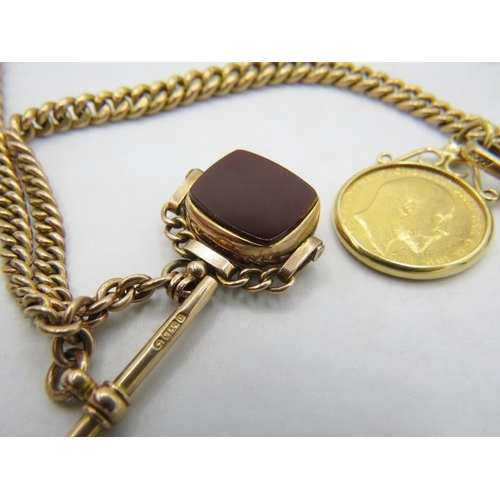 401 - A 9ct gold Albert with 9ct gold T bar, two dog clips and a blood stone swivel fob, Chester 1896 and ... 