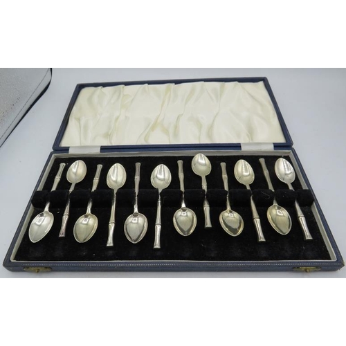 414 - A set of 12 coffee spoons with bamboo pattern decorated handles, London 1963. Approx weight 7.8 troy... 