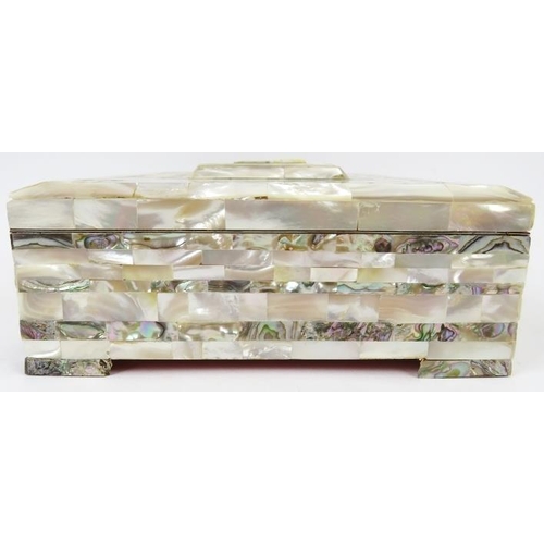 47 - A mother of pearl and abalone shell jewellery box, early 20th century. Of rectangular form with a ca... 