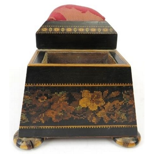 49 - An unusual Victorian Tunbridge ware sewing box, 19th century. Incorporated with a central hinged cov... 