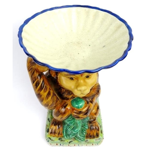 54 - A large late Victorian ceramic monkey tazza. Probably Staffordshire. Hand painted and modelled in th... 