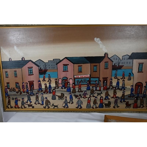 569 - Horsfield (Northern School 20th century) - 'Waiting for the Fish Shop to Open', oil on board, signed... 