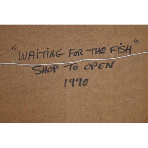 569 - Horsfield (Northern School 20th century) - 'Waiting for the Fish Shop to Open', oil on board, signed... 