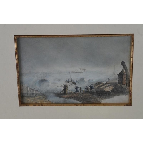 575 - British School (19th century) - 'Lifeboat launching in heavy seas', watercolour, labels verso, 12cm ... 