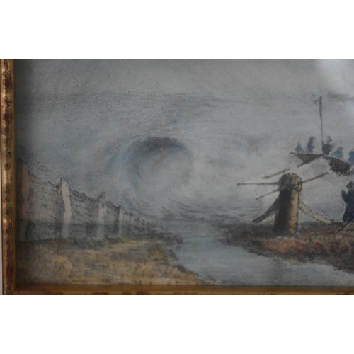 575 - British School (19th century) - 'Lifeboat launching in heavy seas', watercolour, labels verso, 12cm ... 