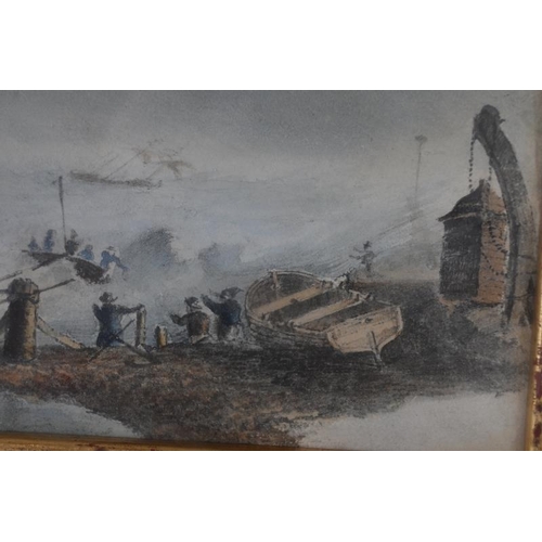 575 - British School (19th century) - 'Lifeboat launching in heavy seas', watercolour, labels verso, 12cm ... 