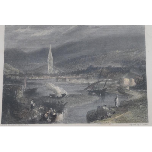 577 - Four 19th century coloured engravings after J.M.W. Turner, RA (British, 1775-1851), inset burr wood ... 