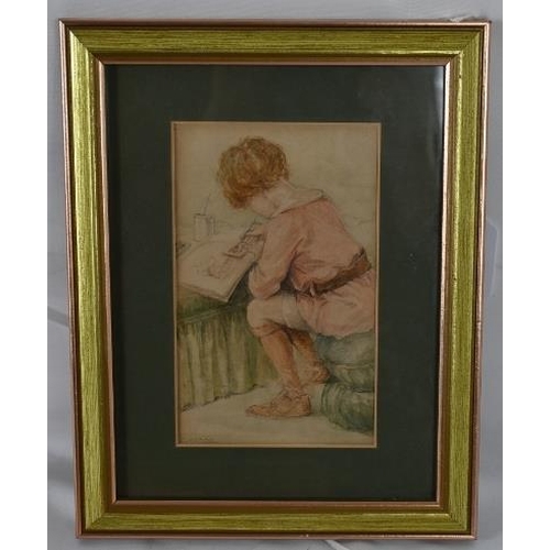 579 - O. Wood (20th century) - 'Boy painting', watercolour, signed, label verso for Legra Gallery, Leigh-o... 