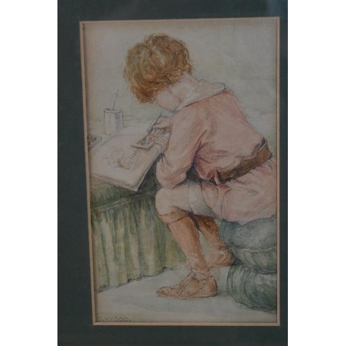 579 - O. Wood (20th century) - 'Boy painting', watercolour, signed, label verso for Legra Gallery, Leigh-o... 