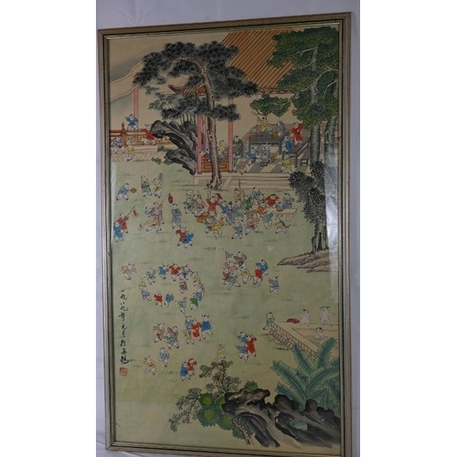 580 - (20th century) Chinese school 'children at play', original painting on silk panel. Signed. 90cm x 50... 