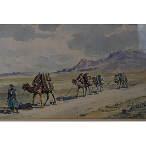 581 - Arthur Sarkissian (Armenian/Iranian, 20th century) - 'Dessert landscape with camel train', watercolo... 