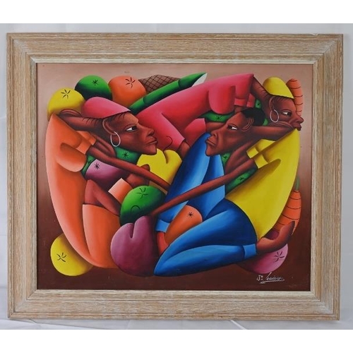 587 - Jean Bruno Louisius (Haiti, b.1952) - 'Figures and Fruits', oil on canvas, signed, 48cm x 58cm, fram... 