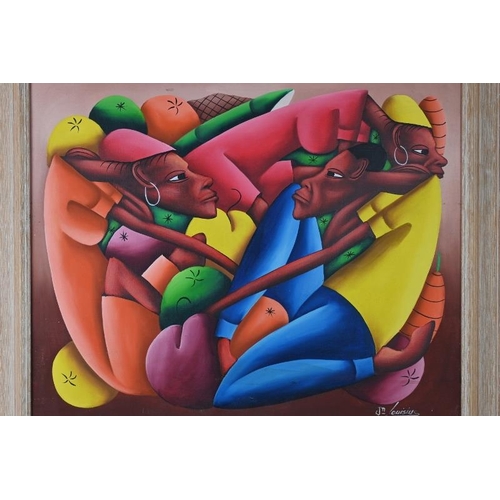 587 - Jean Bruno Louisius (Haiti, b.1952) - 'Figures and Fruits', oil on canvas, signed, 48cm x 58cm, fram... 