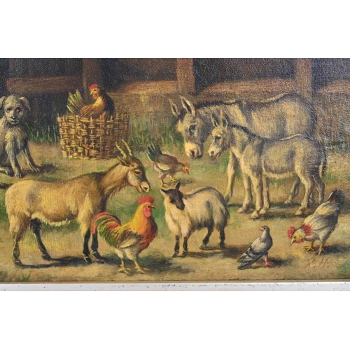 588 - Attributed to Walter Hunt (British, 1861-1941) - 'Farmyard scene with farmyard animals', oil on pane... 