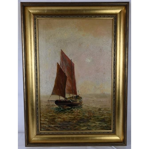 589 - J. Shearer (19th/early 20th century) - 'Sailboat in calm waters', oil on canvas, signed, label verso... 