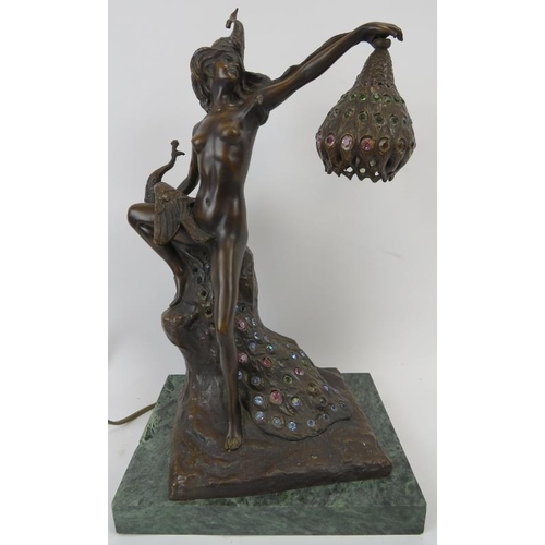 95 - A bronze Art Nouveau style peacock themed figural table lamp, 20th century. Modelled after the Belgi... 