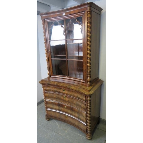 702 - A 19th century Continental flame mahogany glazed display cabinet, featuring barley twist pilasters, ... 