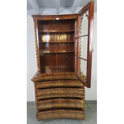 702 - A 19th century Continental flame mahogany glazed display cabinet, featuring barley twist pilasters, ... 