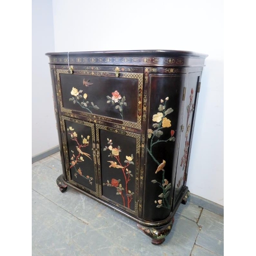 704 - A vintage Chinese black lacquered drinks cabinet, with hand painted motifs depicting songbirds and l... 