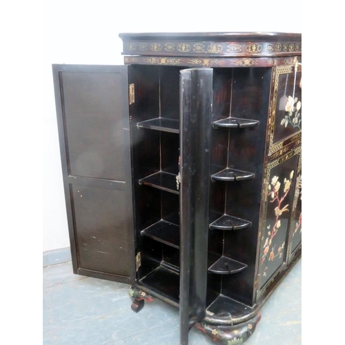 704 - A vintage Chinese black lacquered drinks cabinet, with hand painted motifs depicting songbirds and l... 