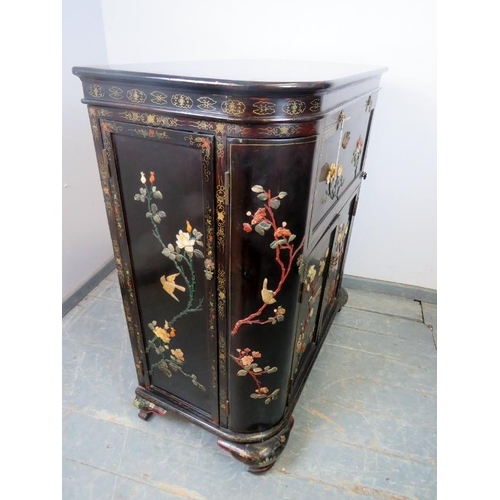 704 - A vintage Chinese black lacquered drinks cabinet, with hand painted motifs depicting songbirds and l... 