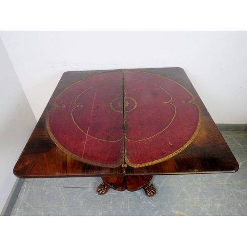 709 - A fine Victorian rosewood and mahogany turnover card table, retaining the original burgundy gilt too... 