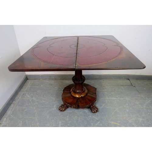 709 - A fine Victorian rosewood and mahogany turnover card table, retaining the original burgundy gilt too... 