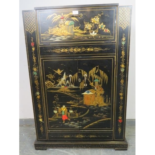 716 - An Art Deco Period chinoiserie cocktail cabinet, the figural and foliate decoration with gold accent... 