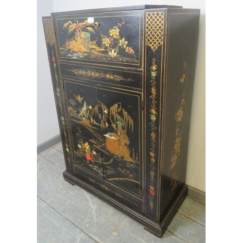 716 - An Art Deco Period chinoiserie cocktail cabinet, the figural and foliate decoration with gold accent... 