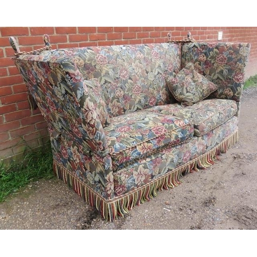 740 - A large knoll two-seater sofa, upholstered in multicoloured floral pattern tapestry material with fo... 