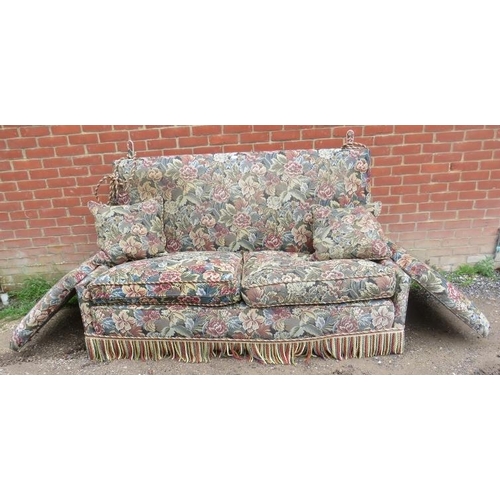 740 - A large knoll two-seater sofa, upholstered in multicoloured floral pattern tapestry material with fo... 