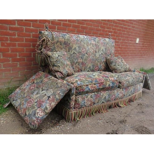 740 - A large knoll two-seater sofa, upholstered in multicoloured floral pattern tapestry material with fo... 