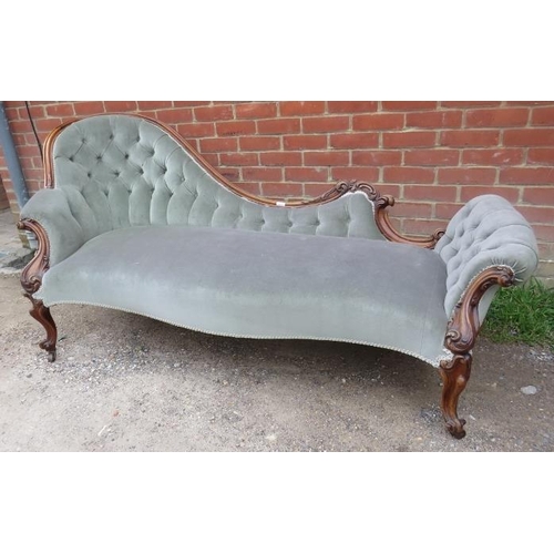 742 - A good Victorian show-wood mahogany chaise longue, the asymmetrically shaped and raked frame with ac... 