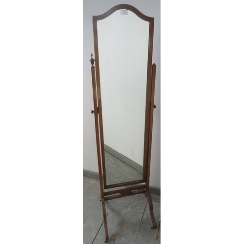 745 - An Edwardian mahogany cheval mirror with turned finials, on splayed supports with small brass castor... 