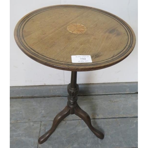 750 - A small mahogany Regency Revival wine table, with batwing inlay, on a turned column with splayed tri... 