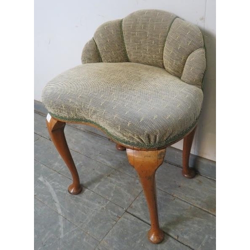 772 - An Art Deco walnut stool with scalloped back, upholstered in a patterned material with rope and brai... 