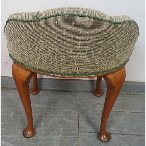 772 - An Art Deco walnut stool with scalloped back, upholstered in a patterned material with rope and brai... 